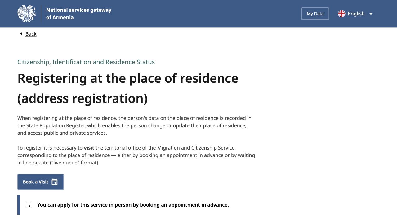 Official Hartak address-registration service showing the service description and required documents